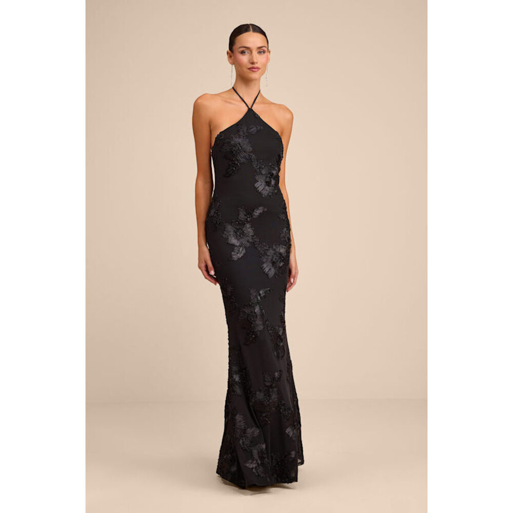 Lulus Celyna Black Mesh Floral Applique Maxi Dress - Size XL